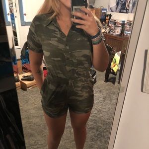 Express button up romper. Camo.